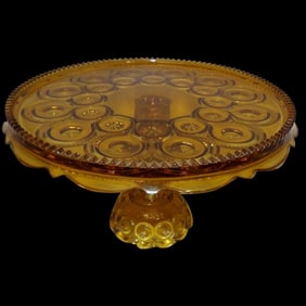 L.E. Smith Amber MCM Pedestal Moon & Stars Scalloped Edge Skirted Cake Plate