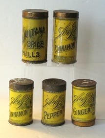 Group of 5 antique A & P spice canisters.