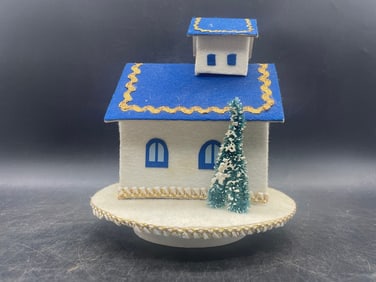 1950s Christmas Putz Mica Music Box Made In Japan Rotates. Plays Silent Night