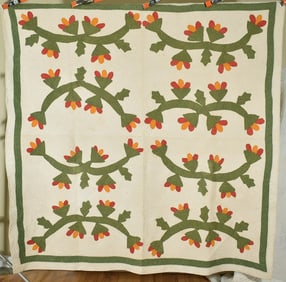 1880's Red & Green Cactus Flower Applique Quilt