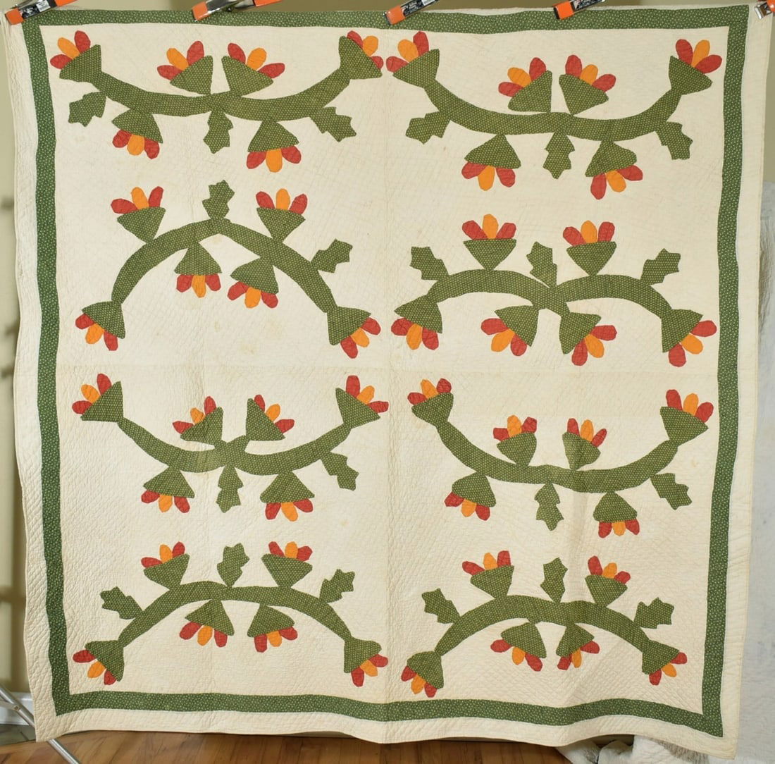 1880's Red & Green Cactus Flower Applique Quilt (1 of 7)