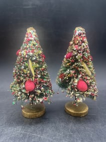 Old Flocked Bottle Brush Christmas Tree with Fruit Japan
