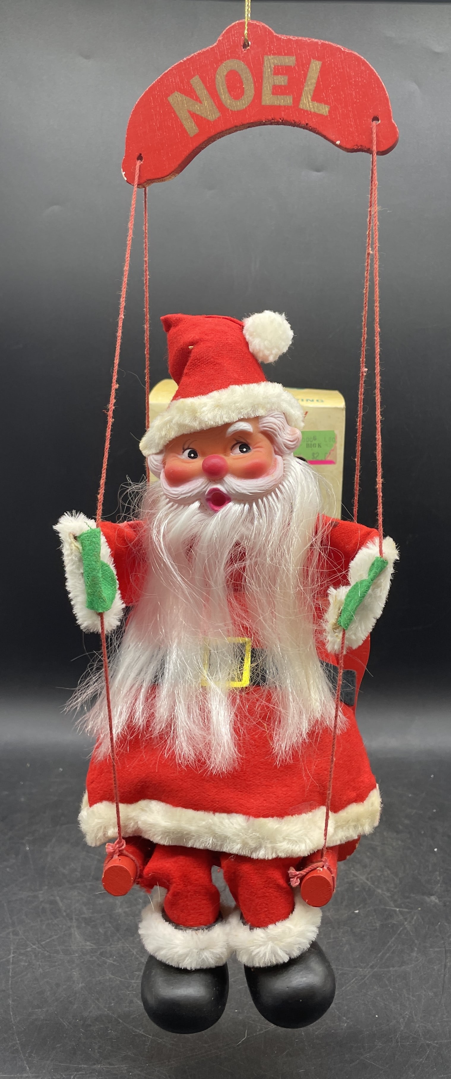 Vintage Yuletide Jolly Santa on Swing in Original Box: Title: Vintage Yuletide Jolly Santa on Swing in Original Box Date/Period: unknown Dimension: approx 15 x 5 x 4 Material: mixed materials Additional Information: Vintage Yuletide Jolly Santa on Swing i
