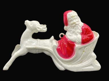 1950's HARD PLASTIC SANTA AND REINDEER ON SLED CANDY HOLDER ORNAMENT