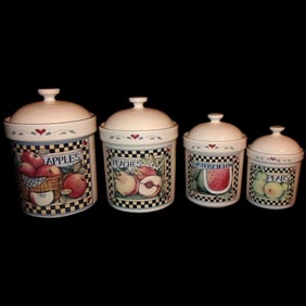 Susan Winget 1980's Fruits & Hearts Set of 4 Canisters & Lids