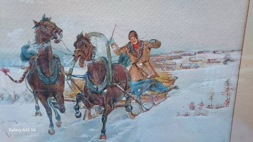 1950 Watercolor sleigh ride horses Russian racing AH TROIKAS