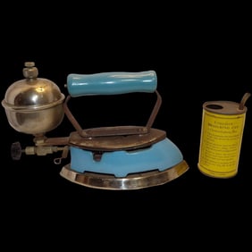 Vintage Blue Gas-Powered Iron with Gas Container