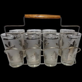 Libbey Mid-Century Silver Leaf Set of 8 Highball Glasses & Chrome Carrier With Wood Handle