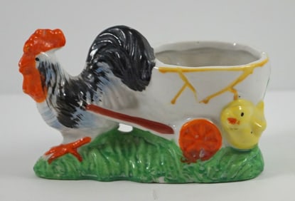 Easter Rooster Pulling Egg Cart Ceramic Candy Container