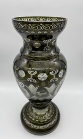 LARGE VINTAGE EGERMANN GRAY GREEN CUT TO CLEAR VASE CZECH REPUBLIC