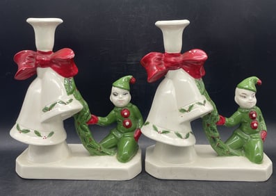 Pair of Vintage Elf Holly Candle Holders