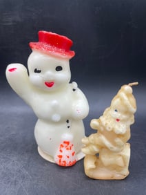 2 Vintage Christmas Candles Snowman and Santa Claus