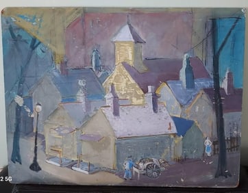 20th century oil painting on Board weird colors town church 1950 street vendor