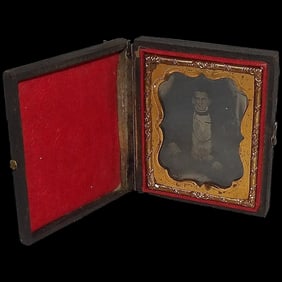 Antique Ambrotype Photo with Gold Gilt Metal and Hand Tooled Leather & Wood Case