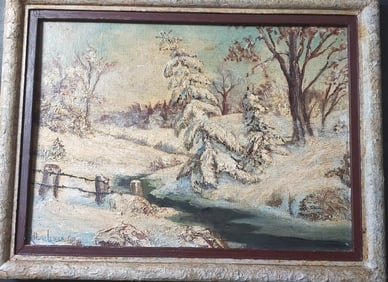 19th century oil painting Winter Scene lillian Lewis listed artist