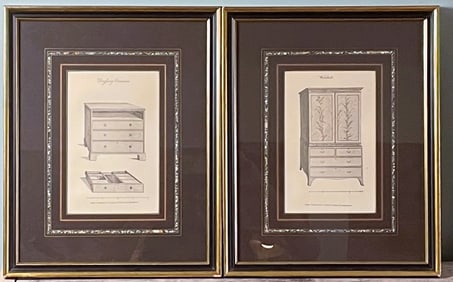 PAIR Large FRAMED ANTIQUE FURNITURE Architectural Pictures