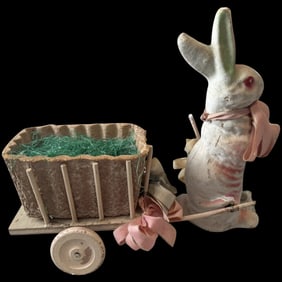 Vintage German Paper Mache Easter Rabbit Pulling Cart candy container 13"