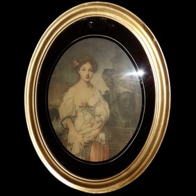 Antique Large Oval Gesso Frame with Reverse Painted Black Oval and English Print