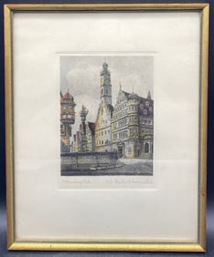 Hand Colored Etching of Rothenburg St. George Brunnen