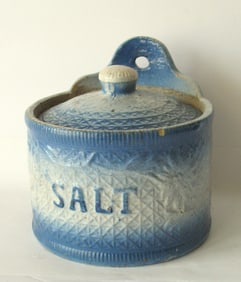 Antique blue & white stoneware salt crock with lid.