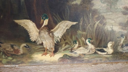 Ducks Trees forest oil painting on Board 1920