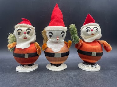 3 Vintage Satin Ball Santa Claus Christmas Figurines 7"