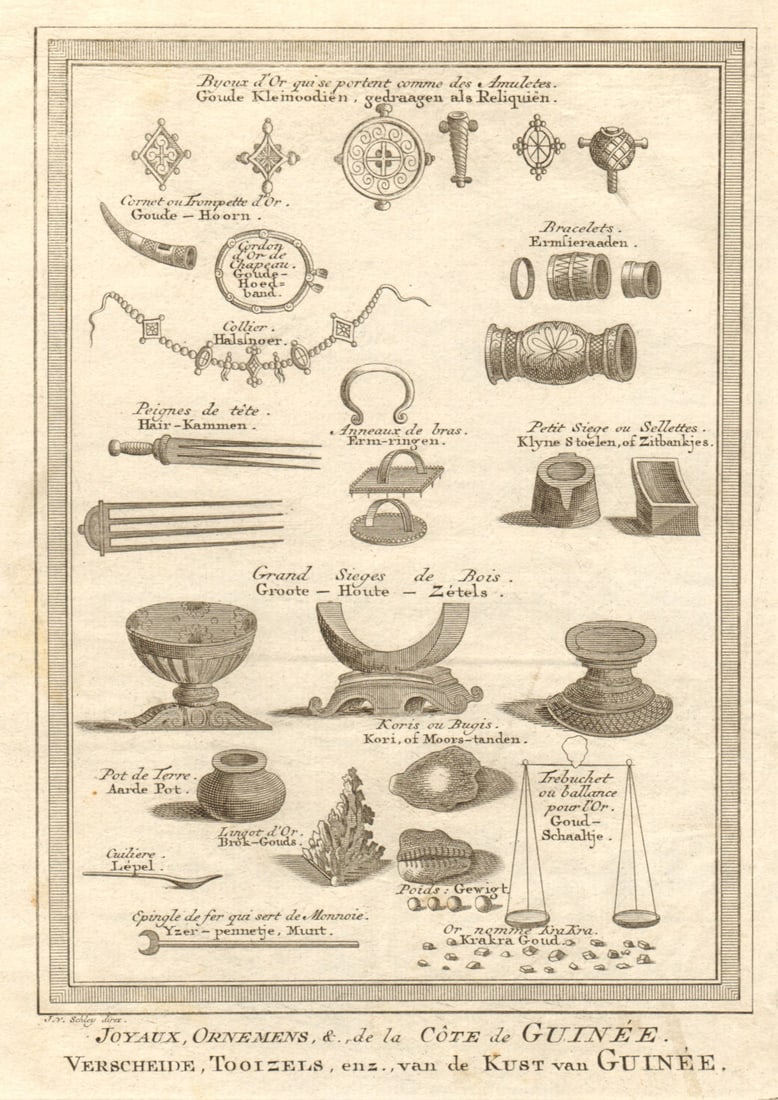 Joyaux, ornemens de la côte de Guinée' West Africa jewels ornaments SCHLEY 1748: CAPTION PRINTED BELOW PICTURE: Joyaux, ornemens &., de la côte de Guinée [Jewels, ornaments &c., from the coast of Guinea] DATE PRINTED: 1748 IMAGE SIZE: Approx 21.0 x 15.0cm, 8.25 x 5.75 in
