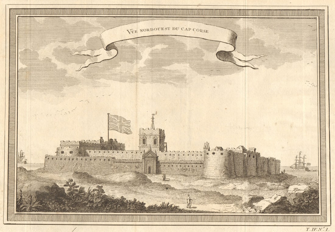 Vue Nord-Ouest du Cap Corse'. Ghana. Cape Coast Castle NW view. Gold Coast 1747: CAPTION PRINTED BELOW PICTURE: Vue Nord-Ouest du Cap Corse [Northwest view of Cape Coast Castle] DATE PRINTED: 1747 IMAGE SIZE: Approx 20.5 x 29.5cm, 8 x 11.5 inches (Medium); Please note that this is