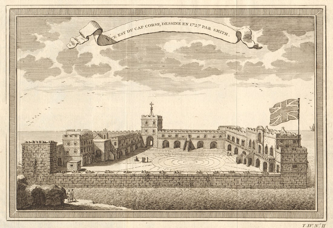 Vue Est du Cap Corse'. Cape Coast Castle 1727 by Smith. Ghana. Gold Coast 1747: CAPTION PRINTED BELOW PICTURE: Vue Est du Cap Corse, dessiné en 1727 par Smith [Eastern view of Cape Coast Castle, drawn in 1727 by Smith] DATE PRINTED: 1747 IMAGE SIZE: Approx 20.0 x 29.5cm, 7.7