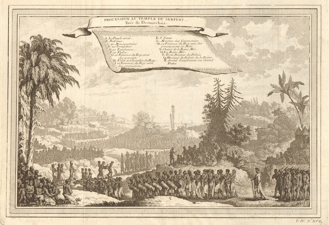 Procession au Temple du Serpent'. Whydah Ouidah Serpent cult. Desmarchais 1747: CAPTION PRINTED BELOW PICTURE: Procession au Temple du Serpent, tirée de Des Marchais [Procession at the Temple of the Serpent, taken from des Marchais] DATE PRINTED: 1747 IMAGE SIZE: Approx 20.0