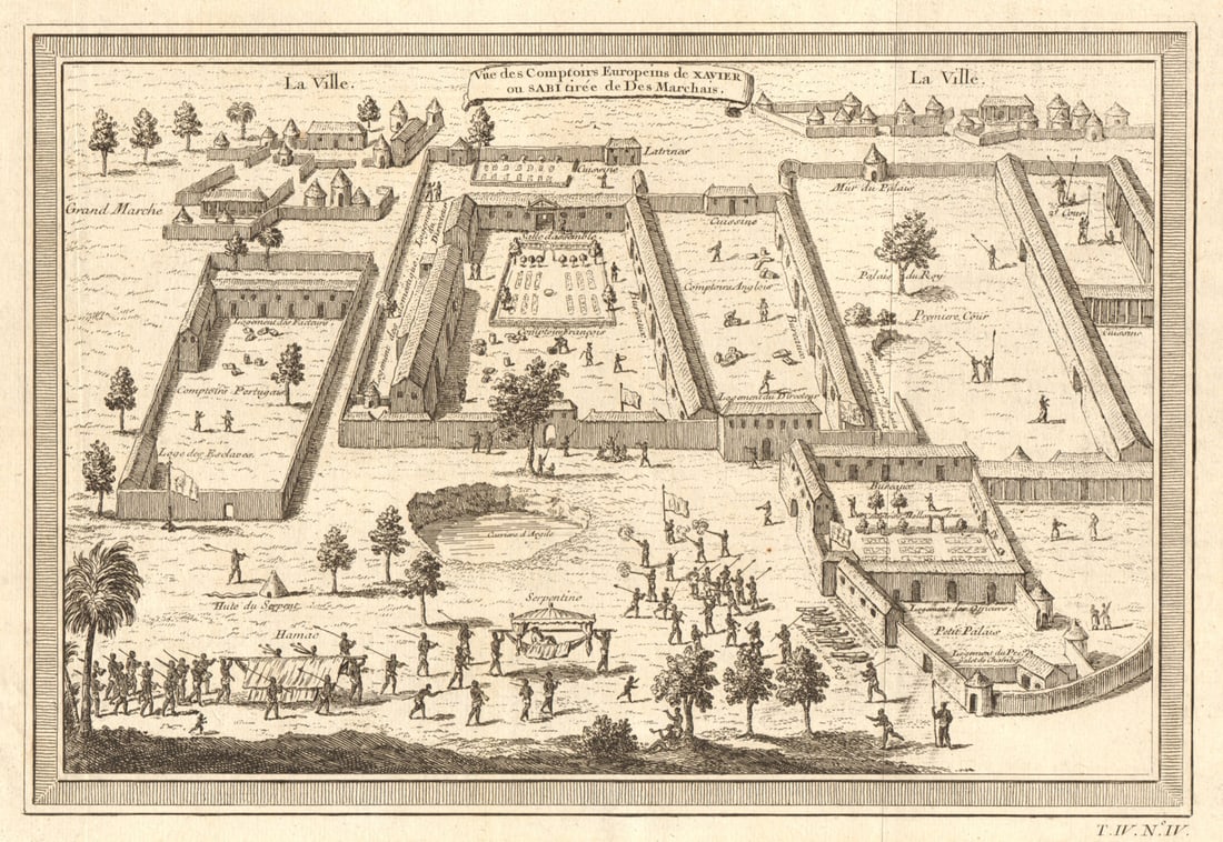 Comptoirs Europeins de Xavier ou Sabi. Trading post Ouidah Benin BELLIN 1747 map: CAPTION PRINTED BELOW PICTURE: Vûe des comptoirs Europeins de Xavier ou Sabi, tirée de Des Marchais [View of the European factories at Xavier or Sabee, taken from des Marchais] DATE PRINTED: