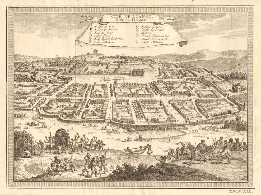 Cité de Loango'. The city of Buali or Mbanza Loango, Congo. BELLIN 1747 map: CAPTION PRINTED BELOW PICTURE: Cité de Loango, tirée de Dapper [City of Buali or Mbanza Loango, taken from Dapper] DATE PRINTED: 1747 IMAGE SIZE: Approx 23.5 x 31.5cm, 9.25 x 12.25 inches (L