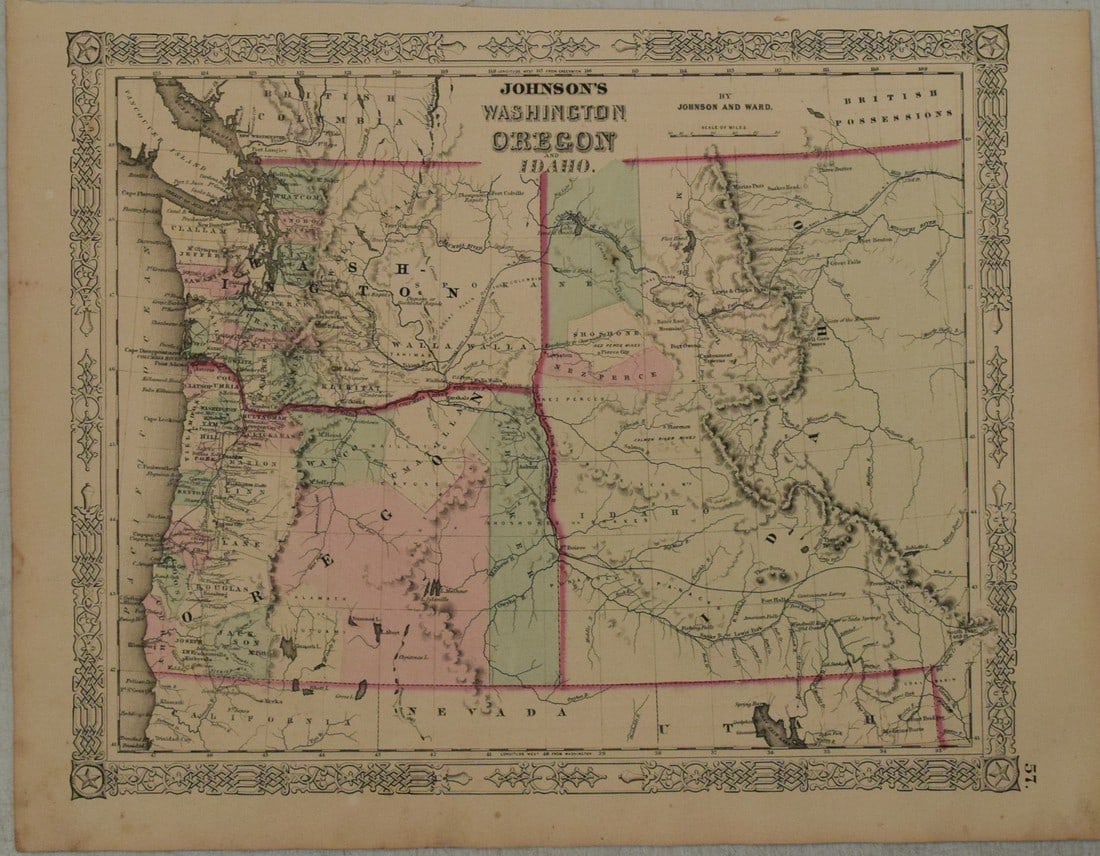 1863 Johnson Map of Washington, Oregon and Idaho -- Johnson's Washington, Oregon and Idaho