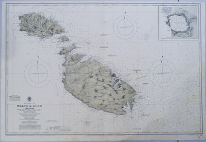 1868 (Updated in 1947) British Admiralty Nautical Chart of Malta and Gozo