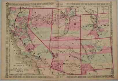 1863 Johnson Map of US West -- Johnson's California,Territories of New Mexico, Arizona, Colorado,