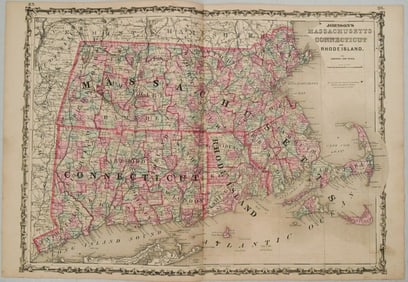 1863 Johnson Map of Massachusetts, Connecticut and Rhode Island -- Johnson's Massachusetts,