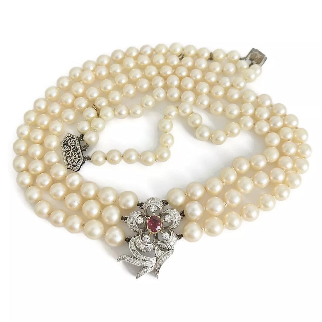 Vintage 1940's Multistrand Pearl Diamond Necklace Platinum White Gold , 79.74 Gr (1 of 8)