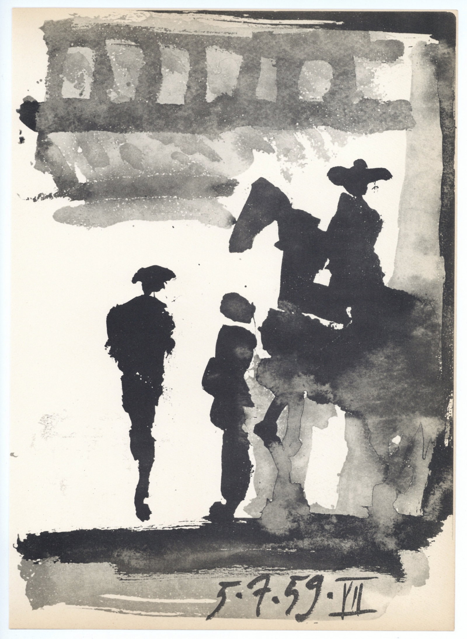 Pablo Picasso "Toros y Toreros": Medium: offset lithograph (after the the drawing). Executed as a sketchbook drawing during the mid 1950's and subsequently made available by Picasso for publication. Printed in Paris in 1961 by Mourlo
