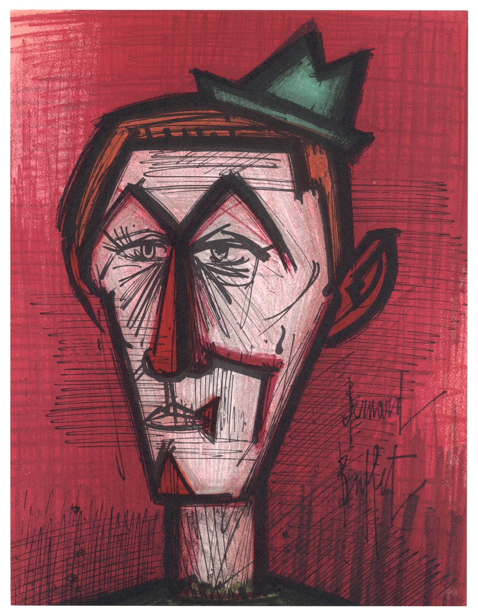 Bernard Buffet original lithograph "Le clown au fond rouge": Medium: original lithograph. Printed in Paris in 1968 by the Mourlot Freres atelier. Size: 12 1/4 x 9 3/8 inches (310 x 239 mm). There is printed text on the back, as issued. Signed in the plate, not