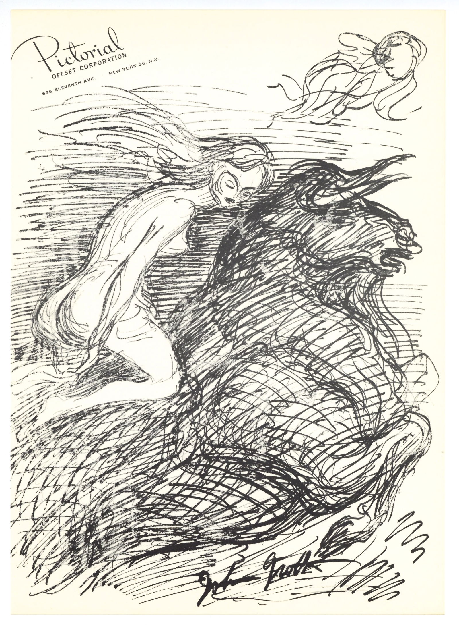 John Groth original lithograph: Medium: original lithograph. This lithograph was printed in 1958 for the "Improvisations" portfolio, published by the Artists Equity Association of New York on the occasion of the 1958 Spring Fantasia