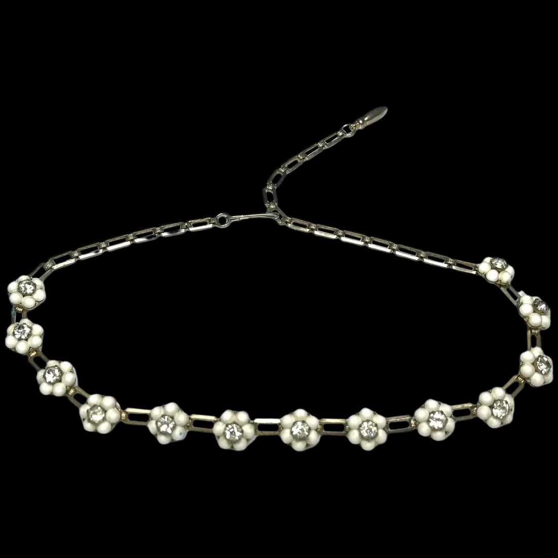 Vintage Milk White Early Plastic Flowers and Rhinestone Necklace (1 of 6)