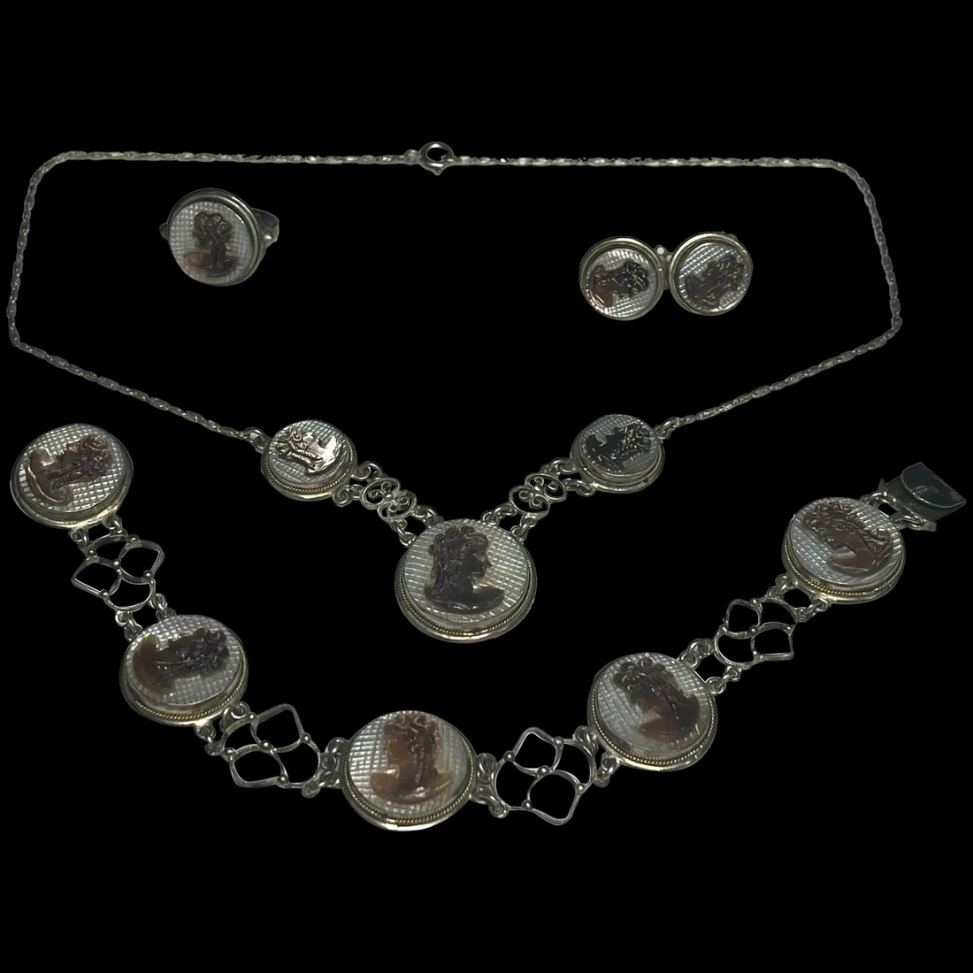 Vintage Mother of Pearl Cameo 800 Necklace, Bracelet, Earrings, and Ring Set (1 of 5)