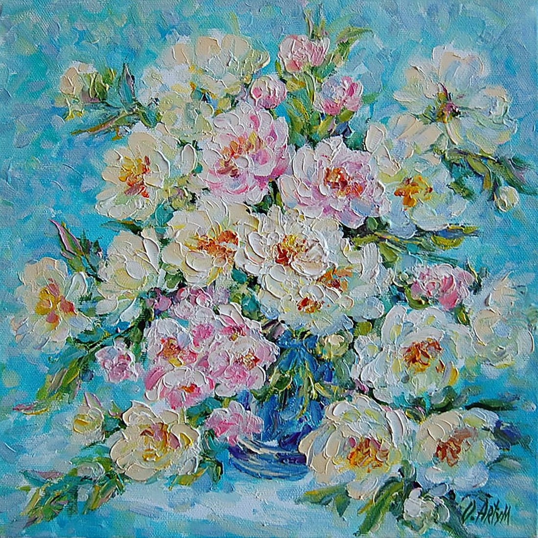 Oil painting White flowers Kotmin Olga: Kotmin 48 *** ABOUT THIS PAINTING *** * TITLE: "White flowers" * ARTISTS: Kotmin Olga * SIZE: 30x30 cm/'11.81x11.81 inches' * MEDIUM: oil, canvas * HAND PAINTED: Original painting from our collection