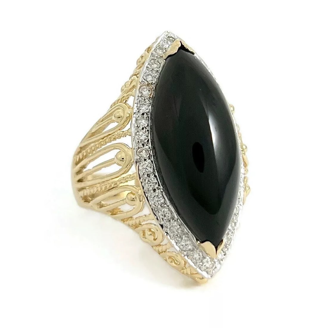 Vintage 1960's Marquise Black Onyx Diamond Cocktail Ring 14K Yellow Gold 9.54 Gr (1 of 9)