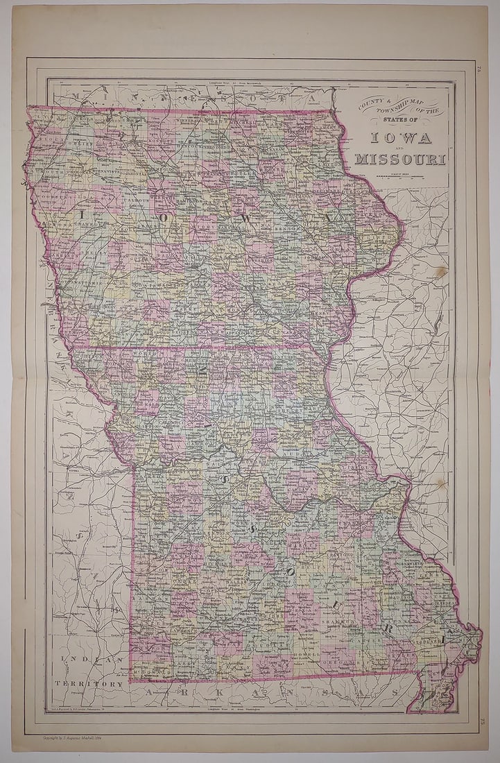County and Township Map of the State of Iowa and Missouri: Publication Date: 1884 Title: County and Township Map of the State of Iowa and Missouri Cartographer: Gamble, W.H. Publisher: Mitchell, S.A. Height: 21.5 Width: 14 Map with counties separately colored