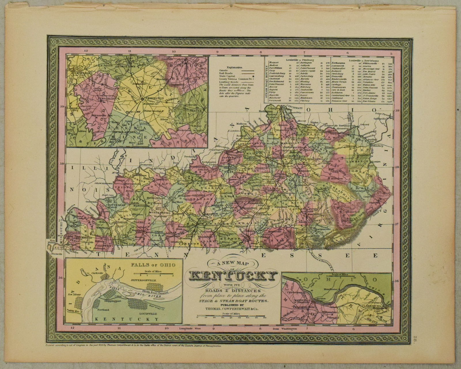 1850 Mitchell Map of Kentucky -- A New Map of Kentucky with Its Roads & Distances from Place to (1 of 1)