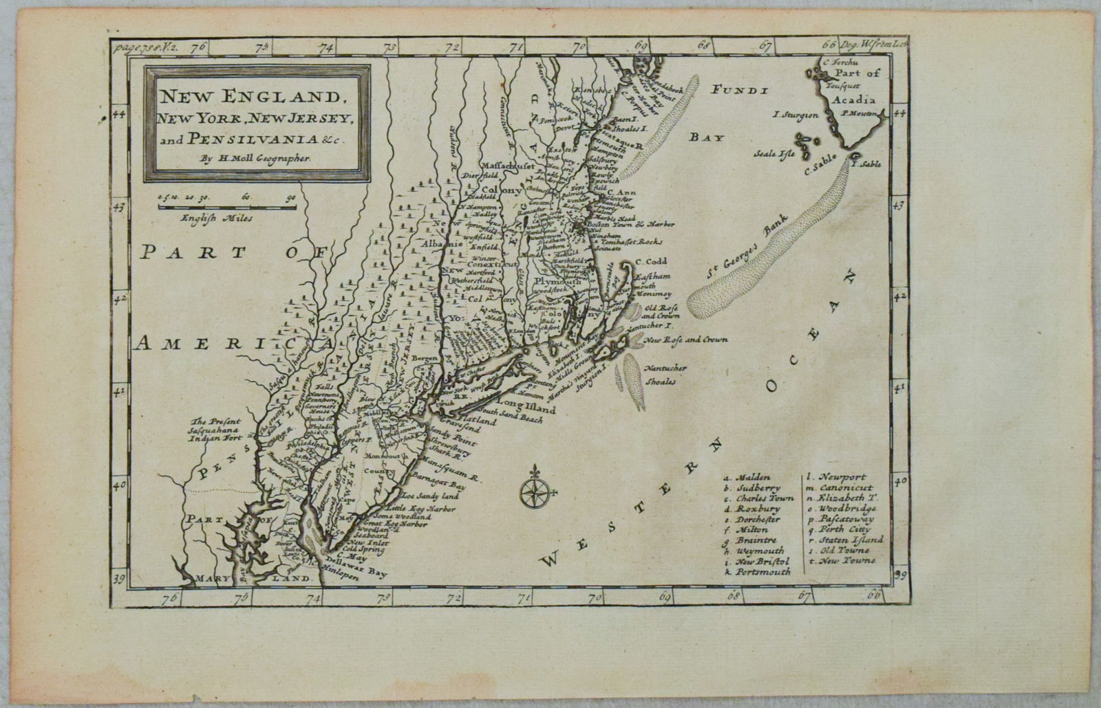 1708 Moll Map of New England -- New England, New York, New Jersey, and Pensilvania &c. (1 of 1)