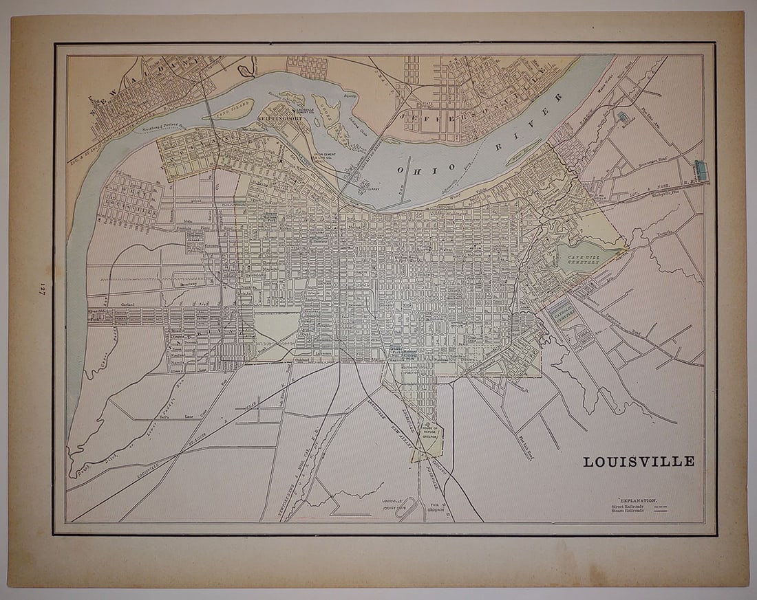 Louisville: Publication Date: 1891 Title: Louisville Cartographer: CRAM, GEO. F. Publisher: PEOPLE'S ATLAS Height: 9.2 Width: 12 Map with street plans and railroads. Smudges and spots at bottom margin, browning n