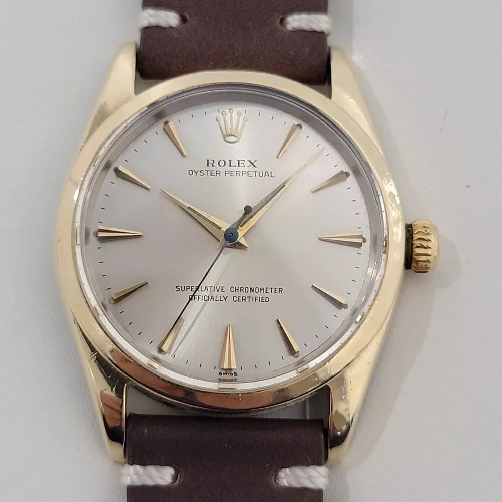 Mens Rolex Oyster Perpetual Ref 1014 34mm Gold Capped Automatic 1960s RA445B: Classic elegance, Men's Rolex "Golden Egg", ref.1014 gold-capped Oyster Perpetual automatic, c.1961, in excellent working condition. Verified authentic by a master watchmaker. Gorgeous Rolex signed di