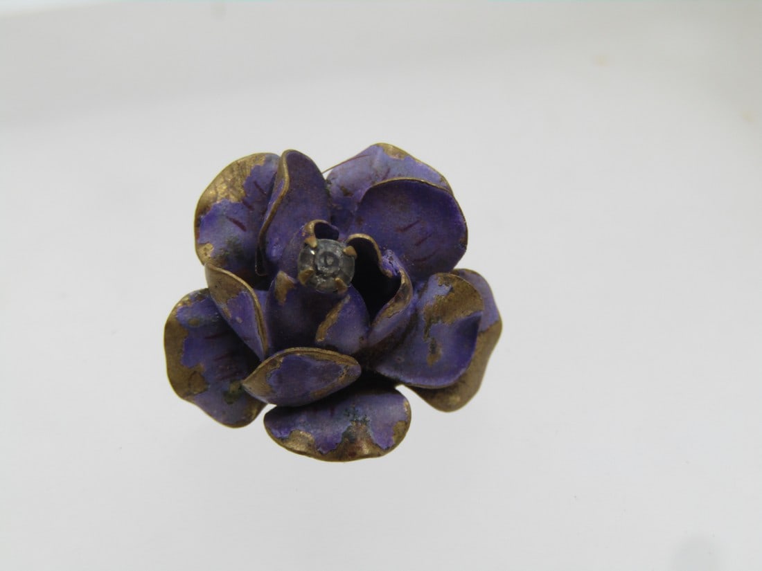 Antique Purple Enameled Blossom Brooch, Rhinestone Center, C-Clasp, 1800's-1910's (1 of 5)
